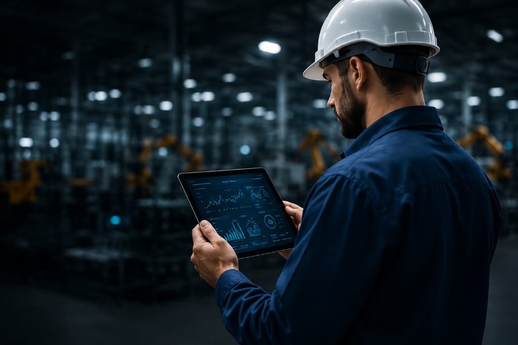 Engenheiro industrial analisando dados em ambiente fabril